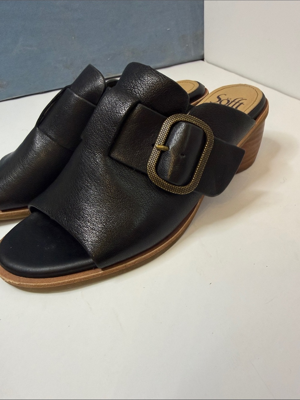 Black Leather Slide Sandals with Buckle